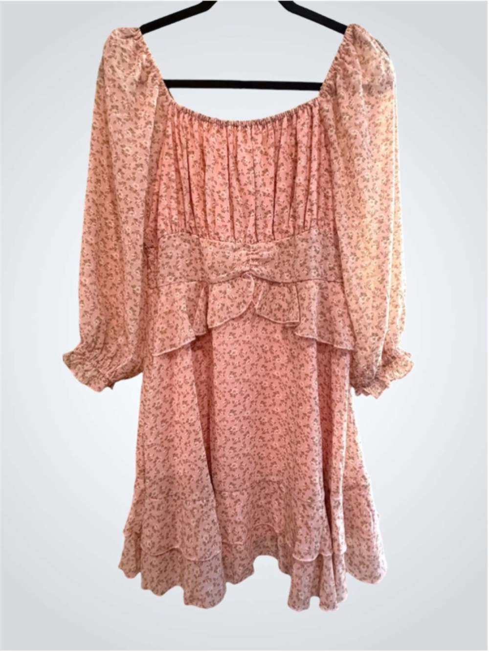 Umgee Chiffon Floral Print Tiered Mini Dress in Pink Size M